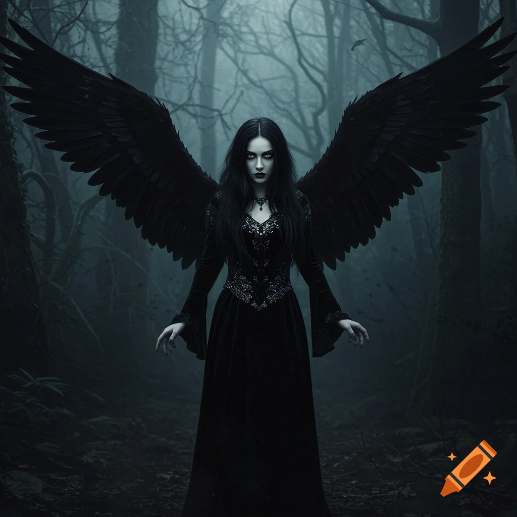 A woman with large black wings stands in a dark forest wearing a dark dress.