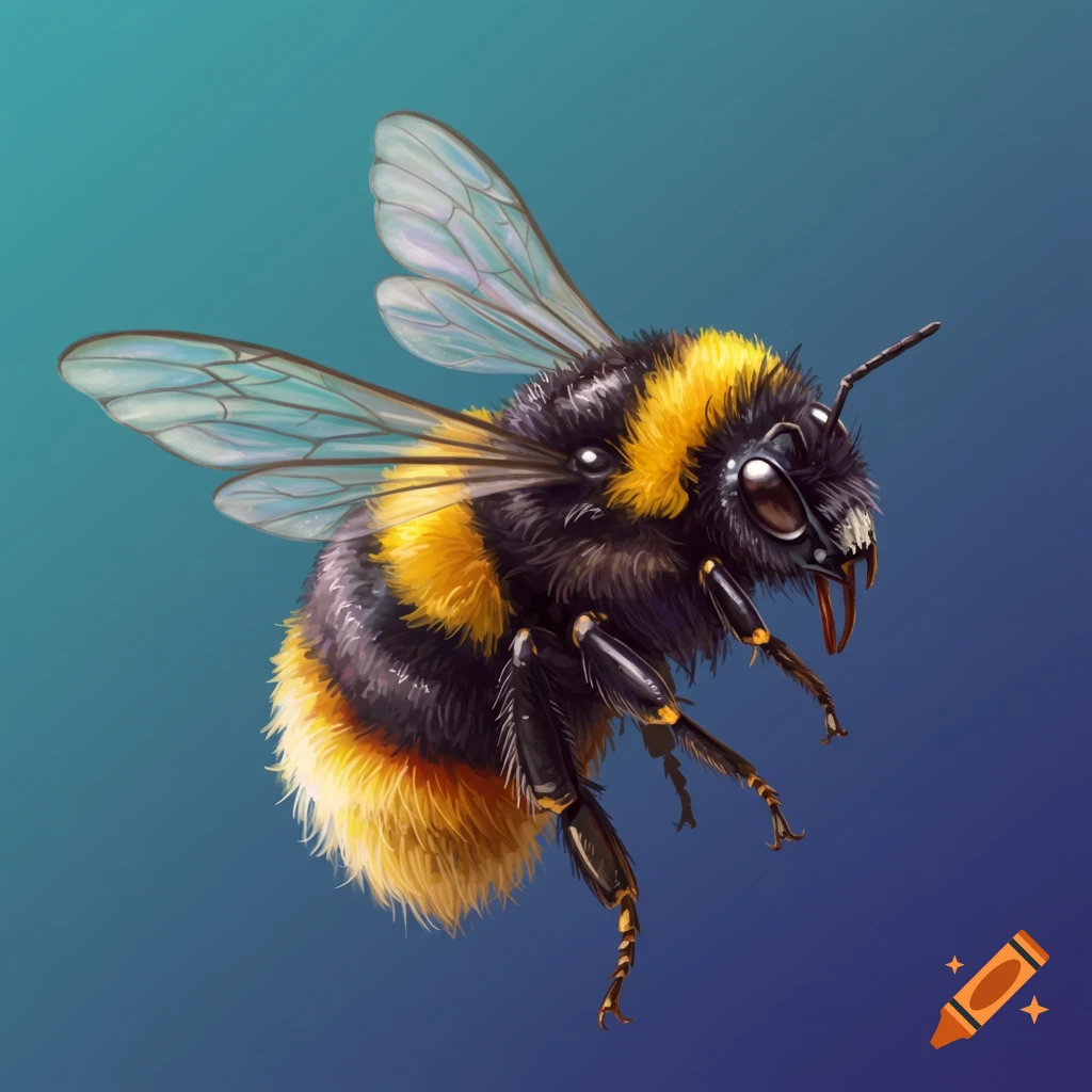 A bumblebee flying against a blue background.