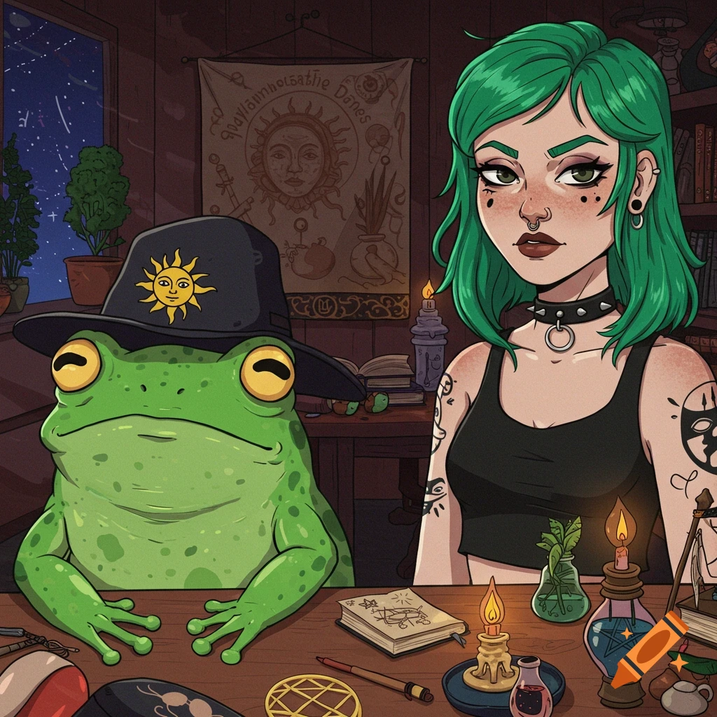 Illustration of a frog in a hat and a woman with green hair in a mystical room.