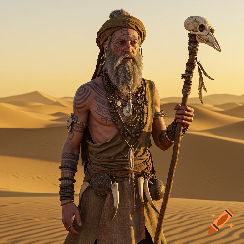 Hyper realistic portrait of a desert nomad shaman with tattoos, beard, jewelry, and a skull-topped staff in a desert.