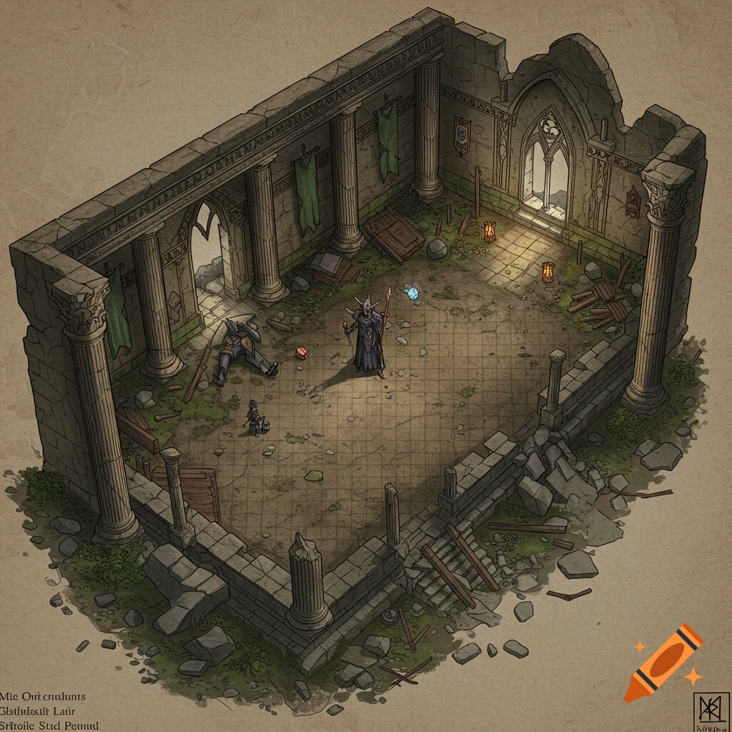 A hand-drawn fantasy battle map of ruined temple with columns, debris, and figures including a wizard and fallen knight.