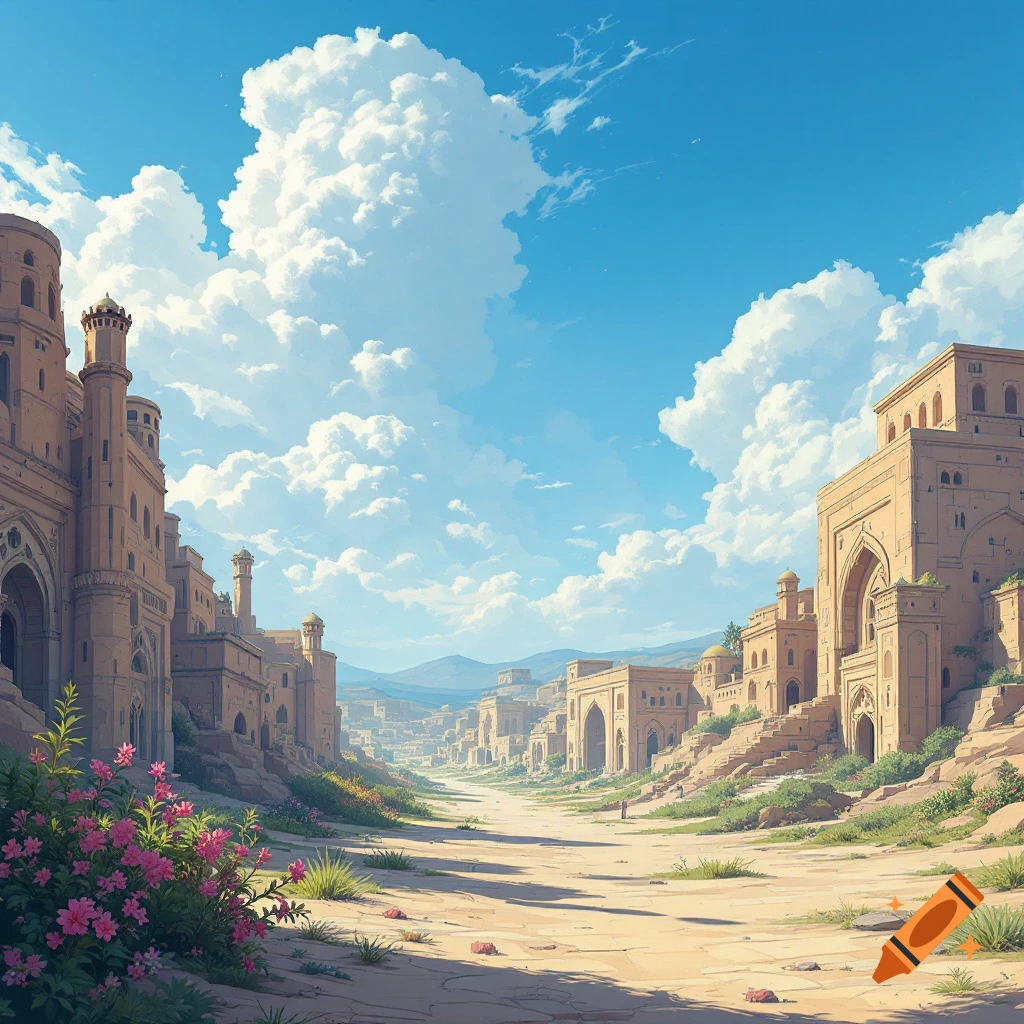 A desert city street lined with ancient buildings, vibrant flowers, and dramatic clouds.