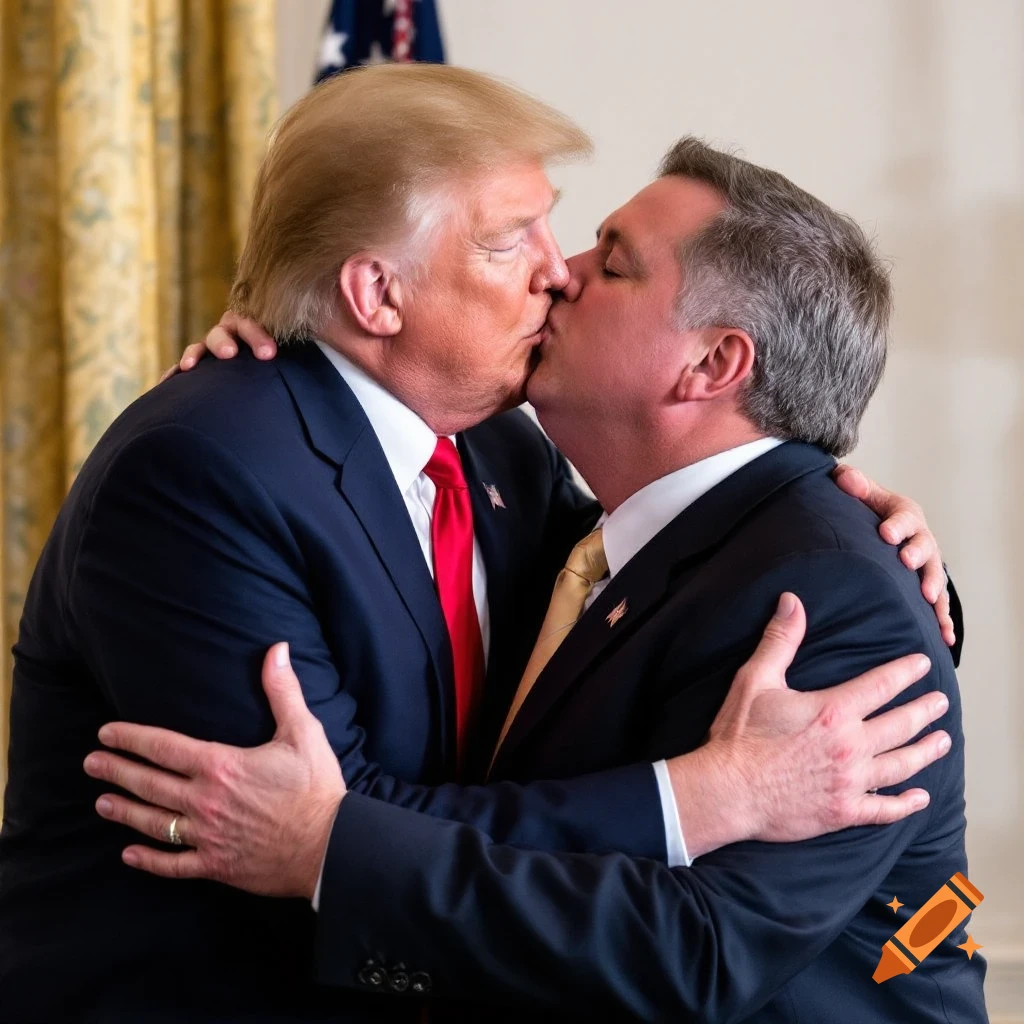 Two men in suits kissing, photorealistic