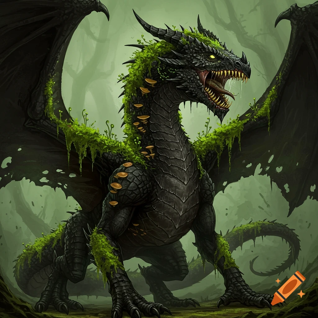 A black dragon covered in moss and fungi in a forest.