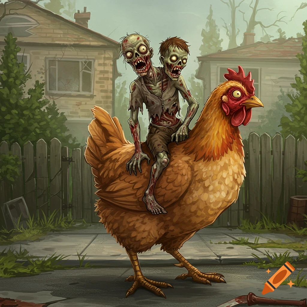 A two-headed zombie riding a giant chicken on a suburban street.