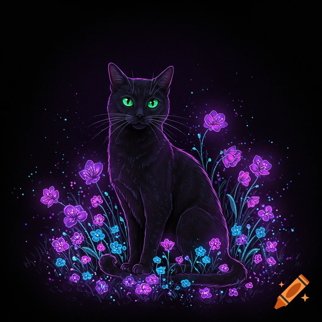 A black cat sits among glowing purple and blue flowers in a dark scene.