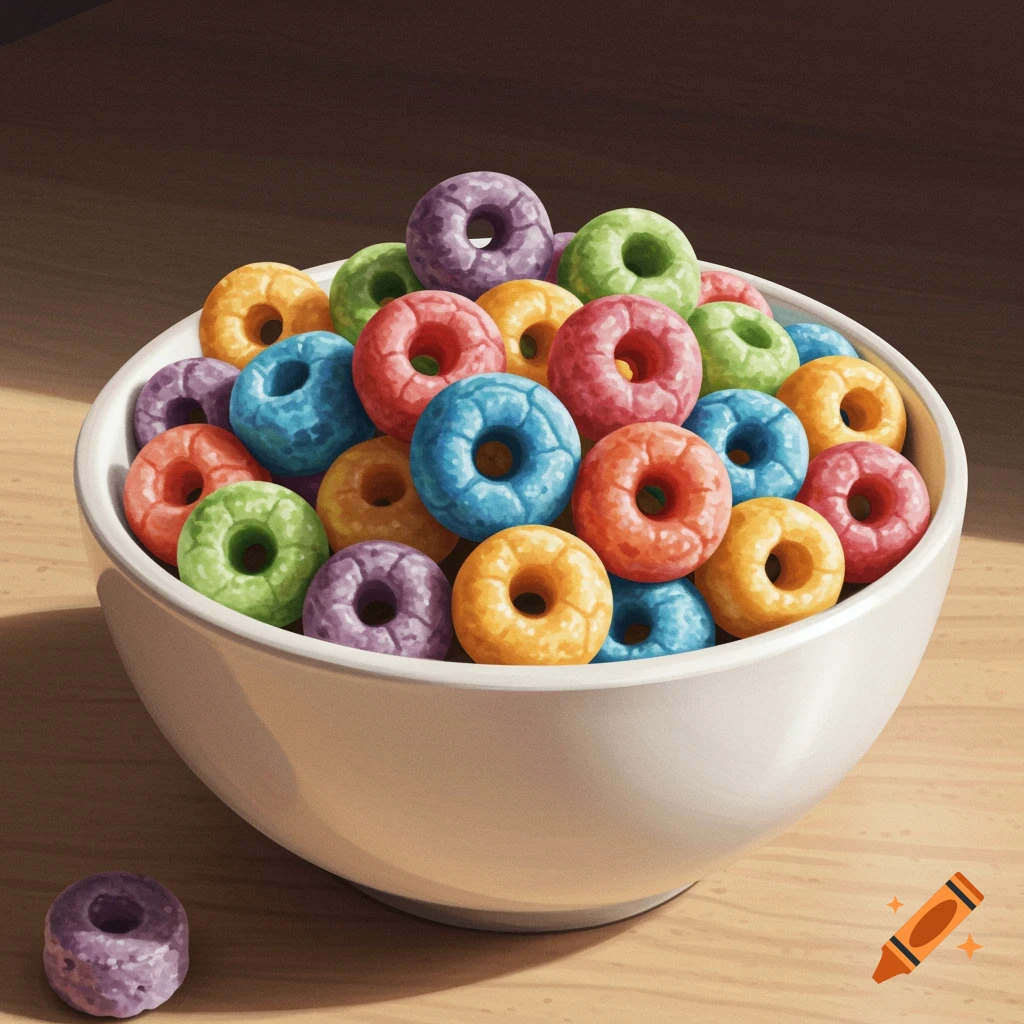 A white bowl filled with colorful, ring-shaped cereal sits on a wooden table, with one purple piece outside the bowl.