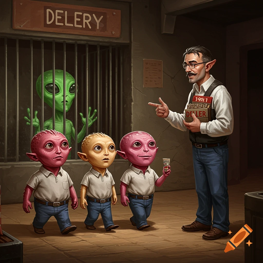 A dealer shows books to three small alien children as a green alien watches from a cage.