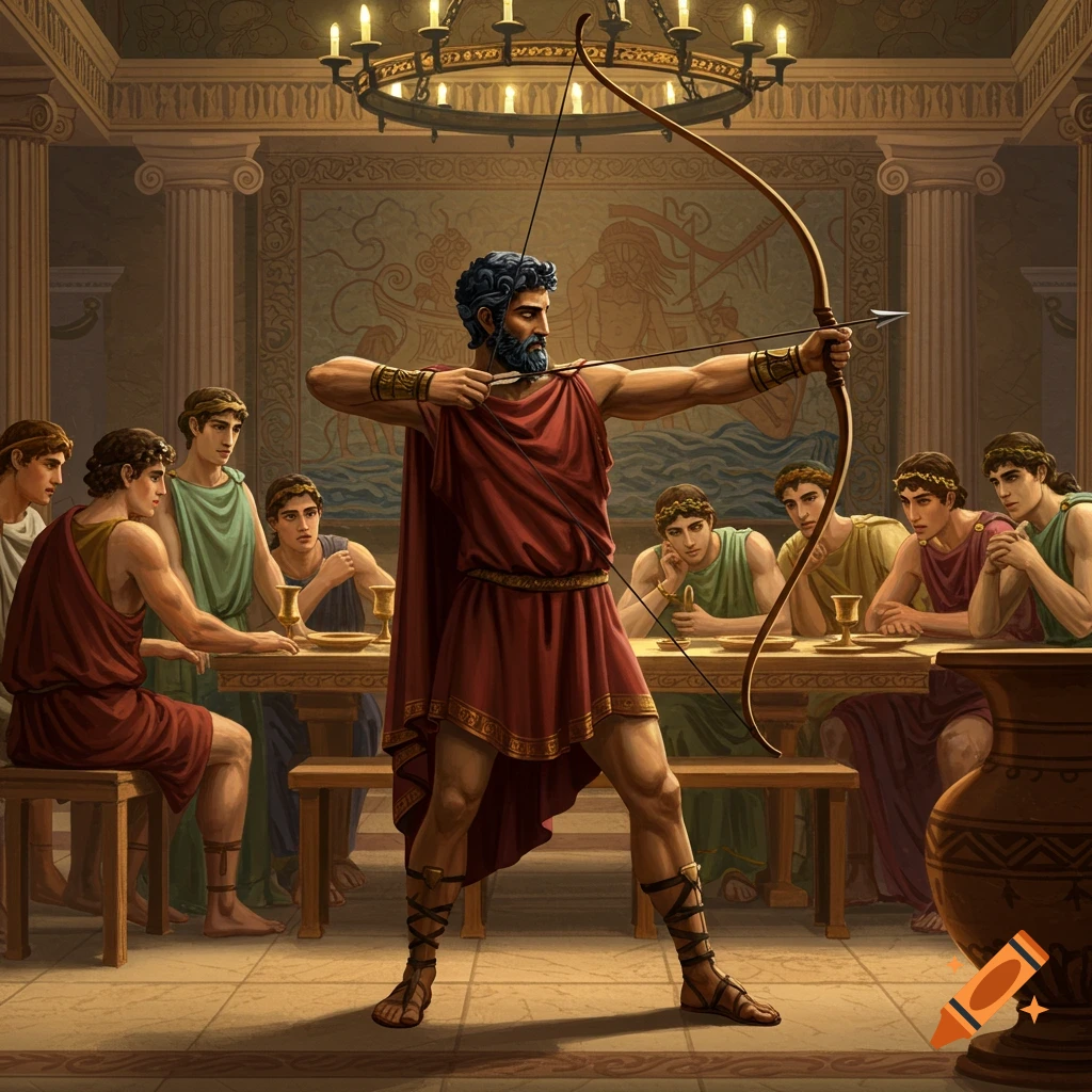 Odysseus stringing a bow in a dining hall filled with men.