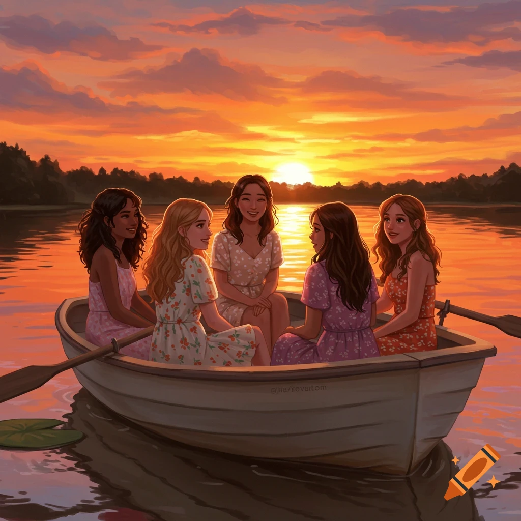Five women in a rowboat on a lake at sunset