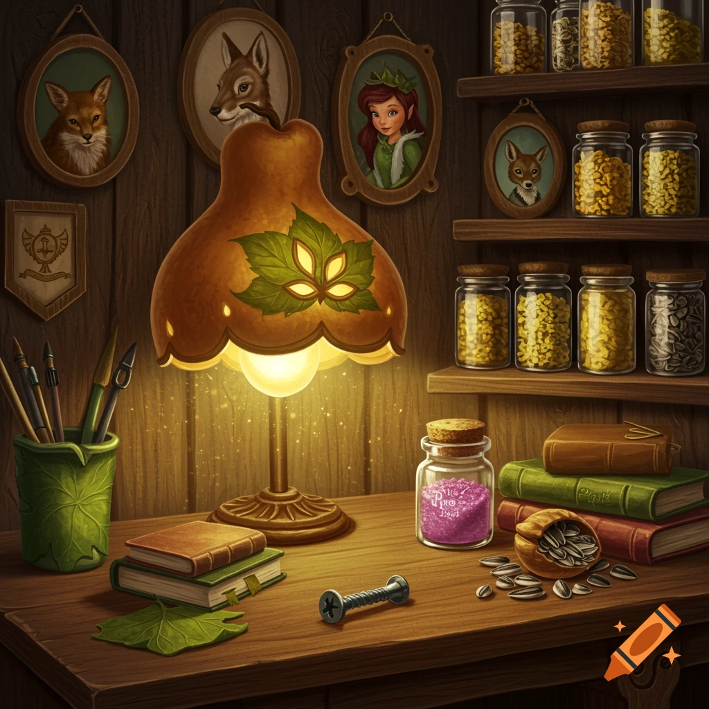 A cluttered desk with a gourd lamp, books, jars of seeds, and framed animal portraits.