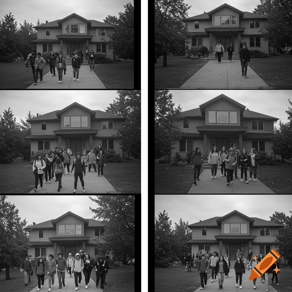 Multiple black and white security camera views show groups of people walking towards a large house.
