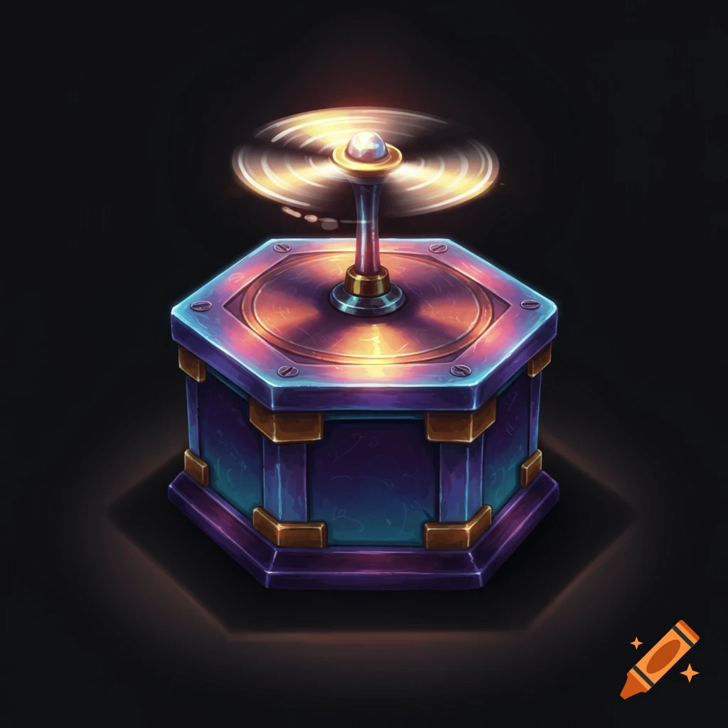 A stylized image of a glowing octagonal box with a spinning top