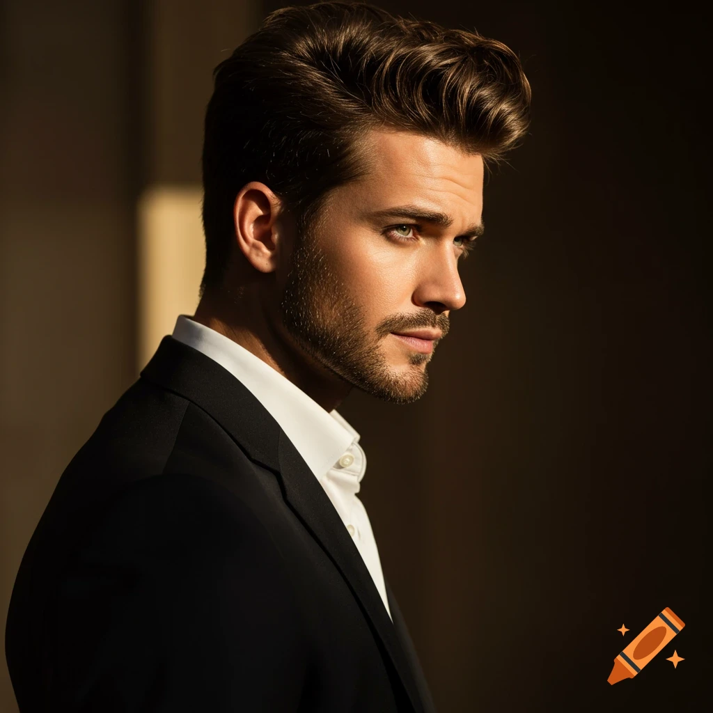 A man in a suit is lit by side light, looking away from the camera.