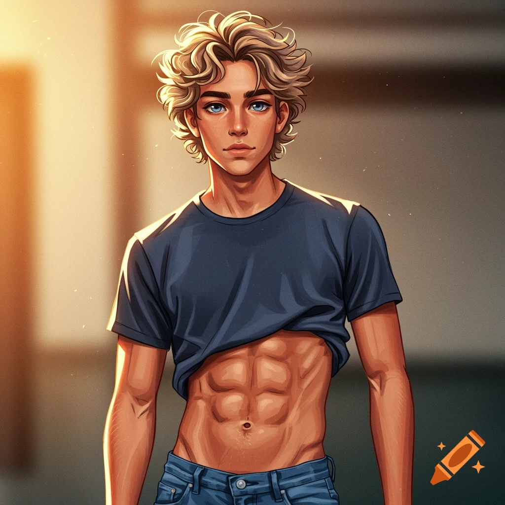 Illustration of a young man with blue eyes and messy blond hair lifting his shirt to show toned abs.