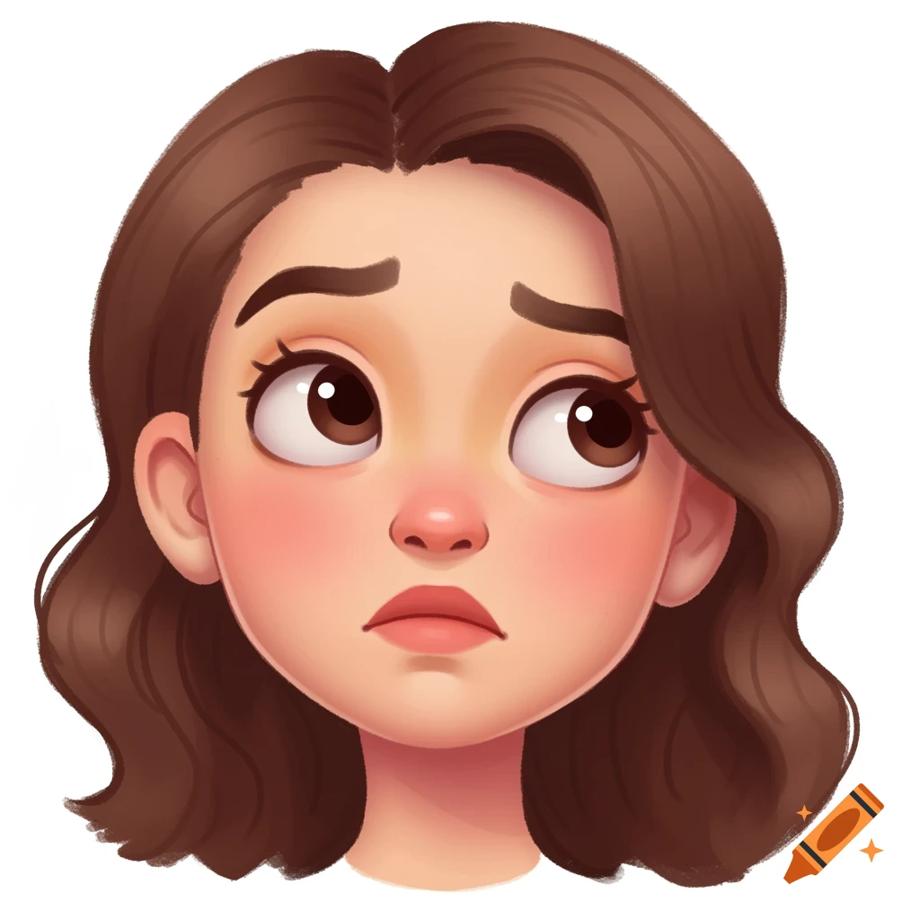 A cartoon portrait of a woman with brown hair, looking up with a confused expression. The style is soft and pastel.