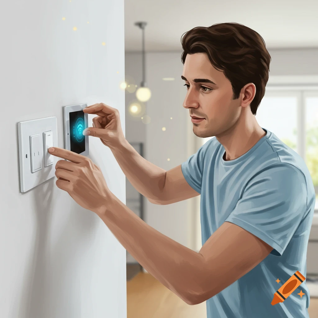 A man installing a smart wifi light switch on a wall