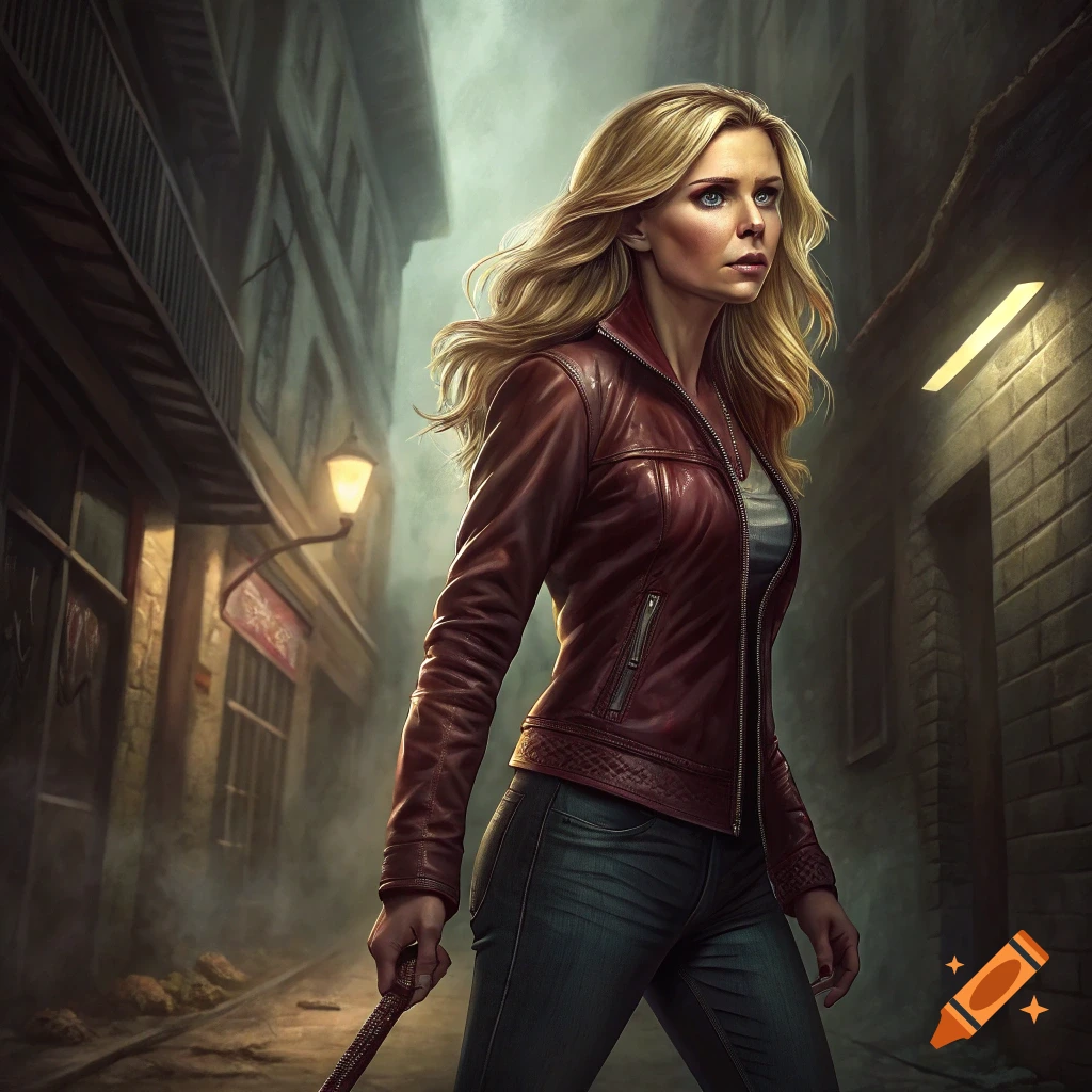 Woman with blonde hair in red leather jacket walking in a dark alley.