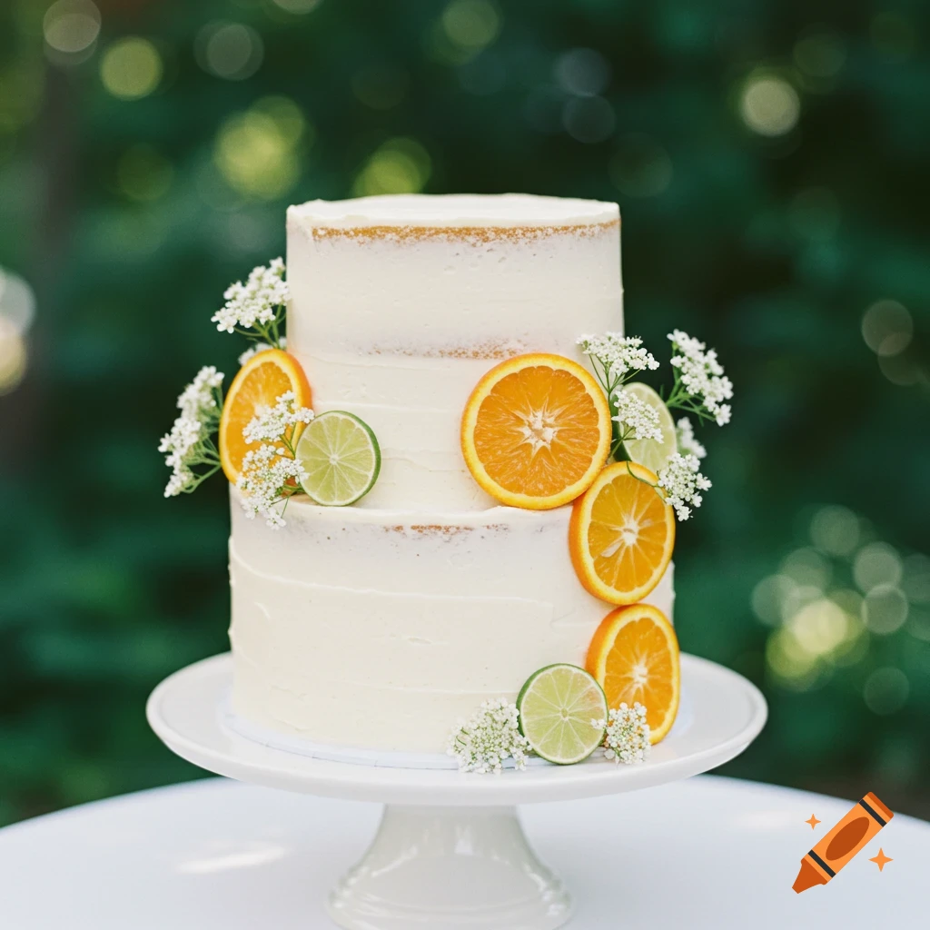 A simple two-tier wedding cake decorated with orange slices, lime slices, and small white flowers sits on a white cake stand against a blurred green background.