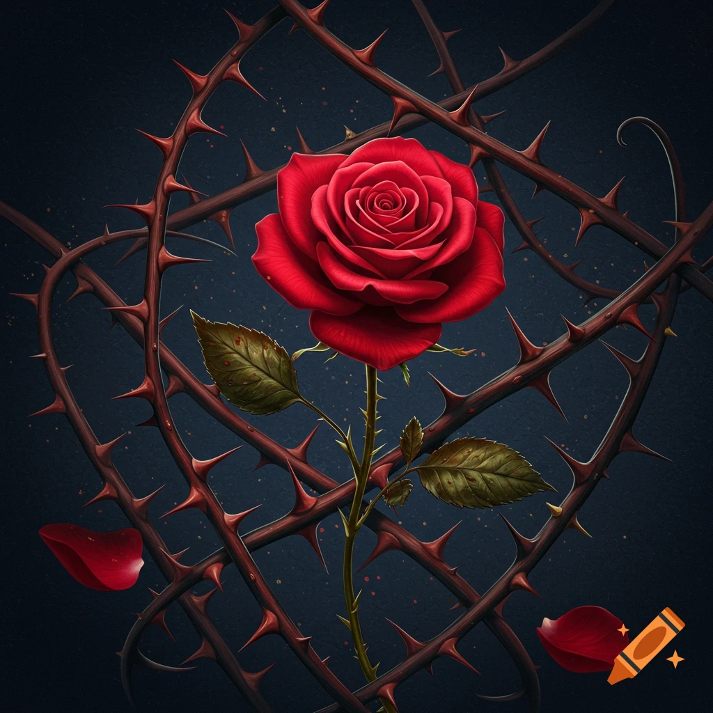 A vibrant red rose surrounded by sharp, intertwining thorns.