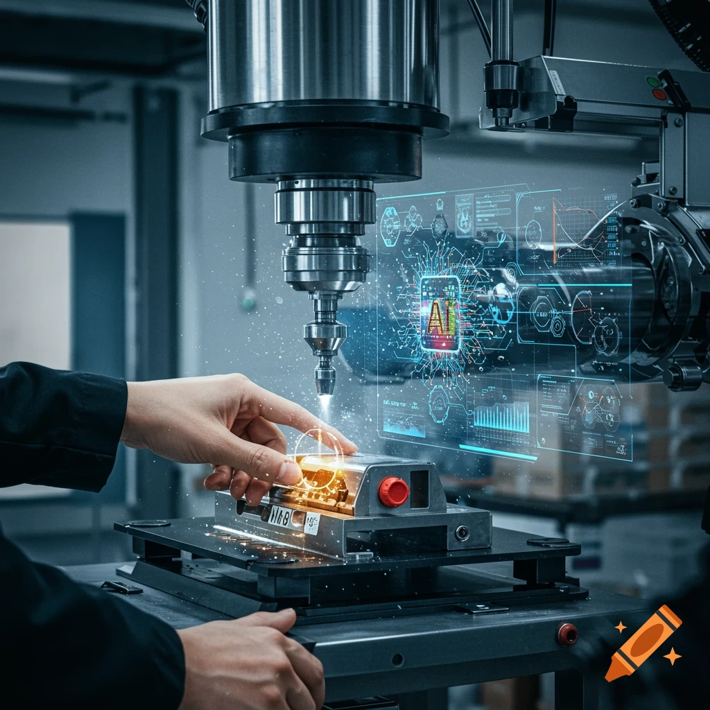 A hand interacting with manufacturing machinery and a holographic AI interface.