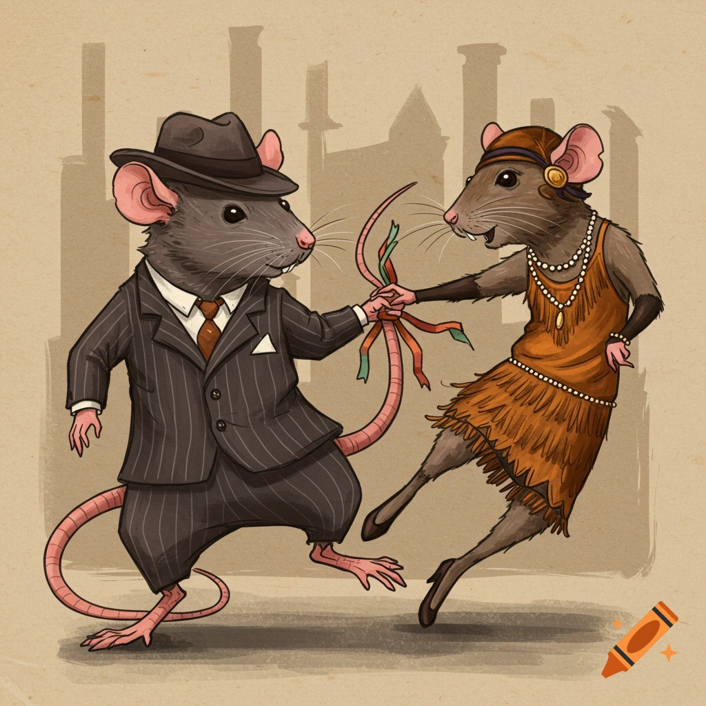 Two rats in 1920s clothes dancing with tails tied