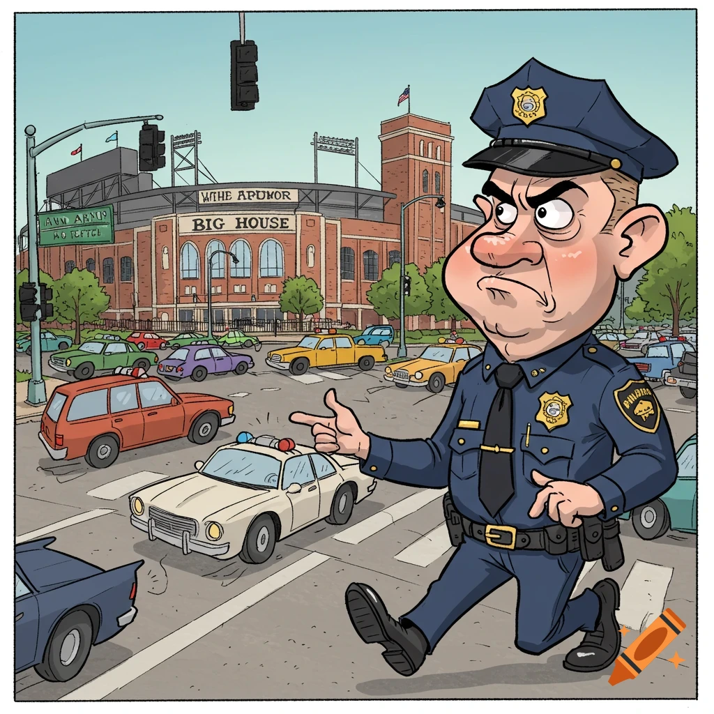 Cartoon police officer directing traffic in front of a stadium.