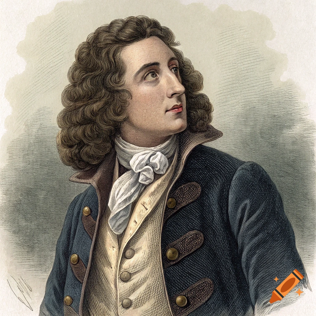 Illustration of a man in historical clothing, looking up.