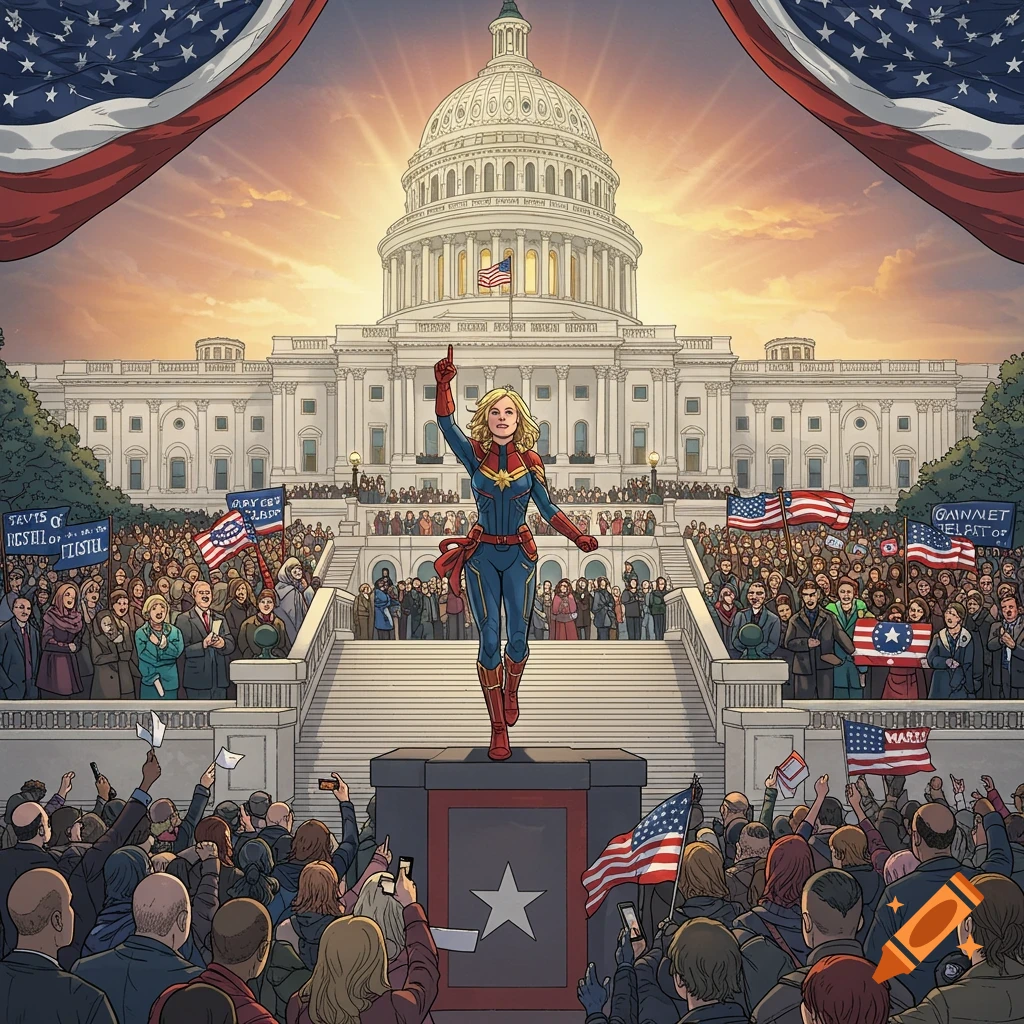 Captain Marvel on a podium before the U.S. Capitol addressing a crowd waving flags.