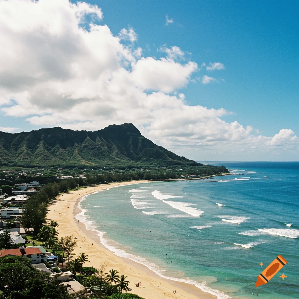 High-angle view of a curving sandy beach, blue ocean waves, a town, and a large green mountain under a blue sky with clouds.