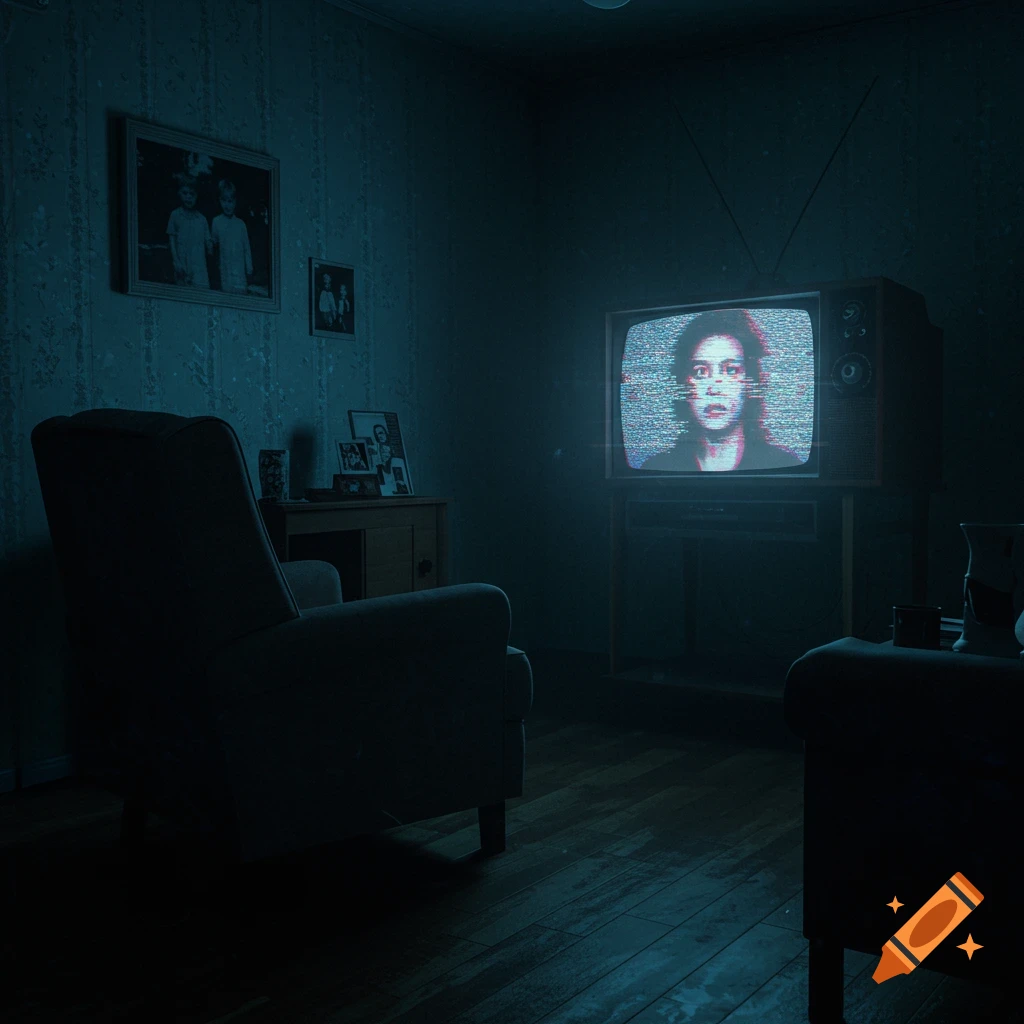 Dark room with a static TV showing a spooky face, analog horror style.