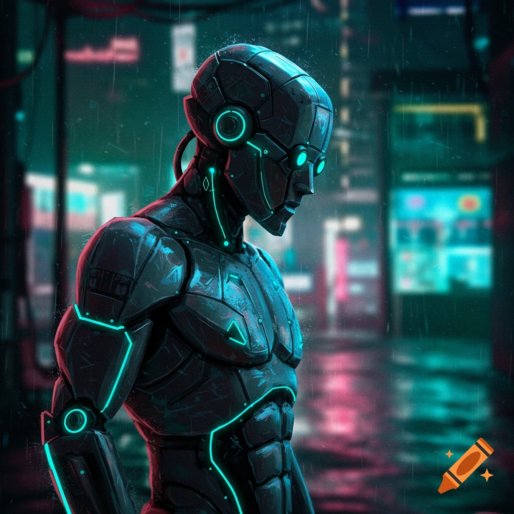 A robot with glowing teal accents in a rainy, futuristic city street.