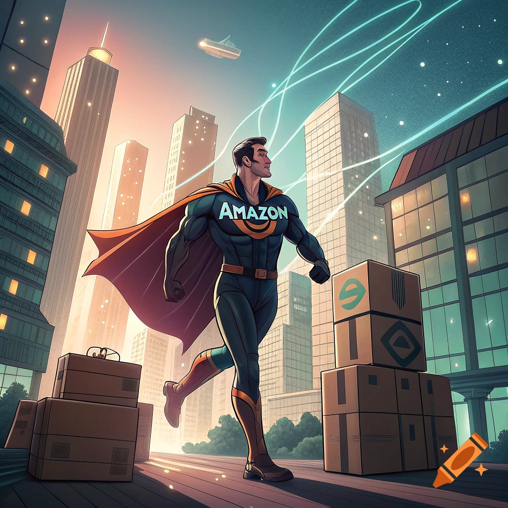 Comic book style image of an Amazon superhero running through a city street past delivery boxes.