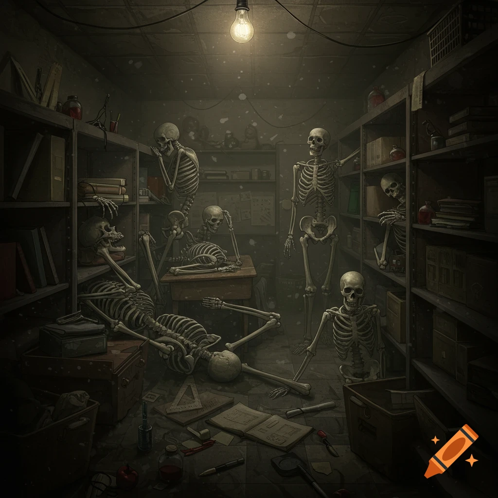 Skeletons in a dark classroom closet under a single light bulb.