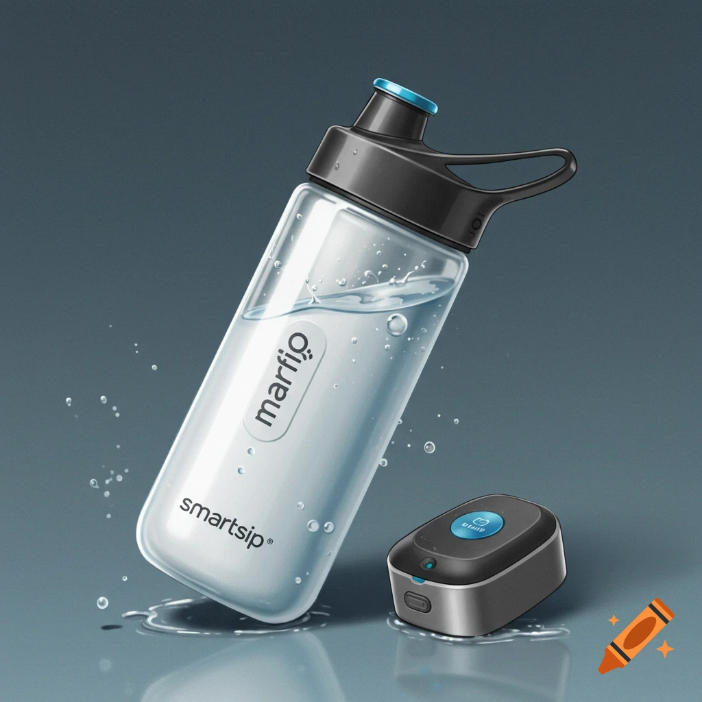 A smart water bottle spilling slightly next to a small electronic device.