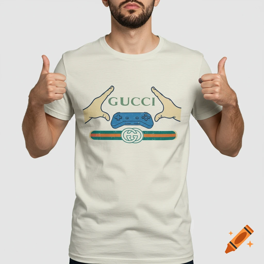 Man wearing a white t-shirt with a graphic showing hands, a game controller, and the text GUCCI above a logo stripe.