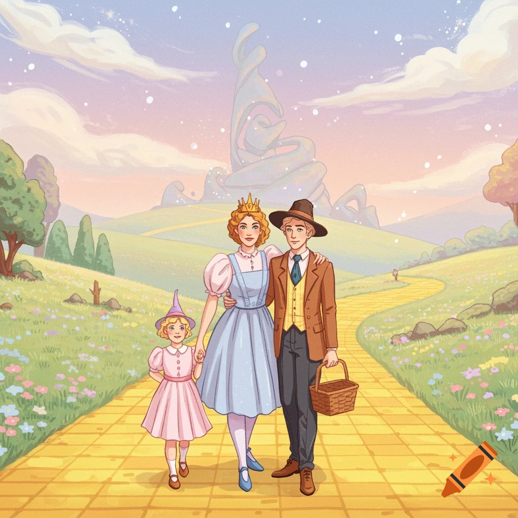 Storybook illustration of a family walking the yellow brick road in a whimsical, pastel landscape towards a distant building.