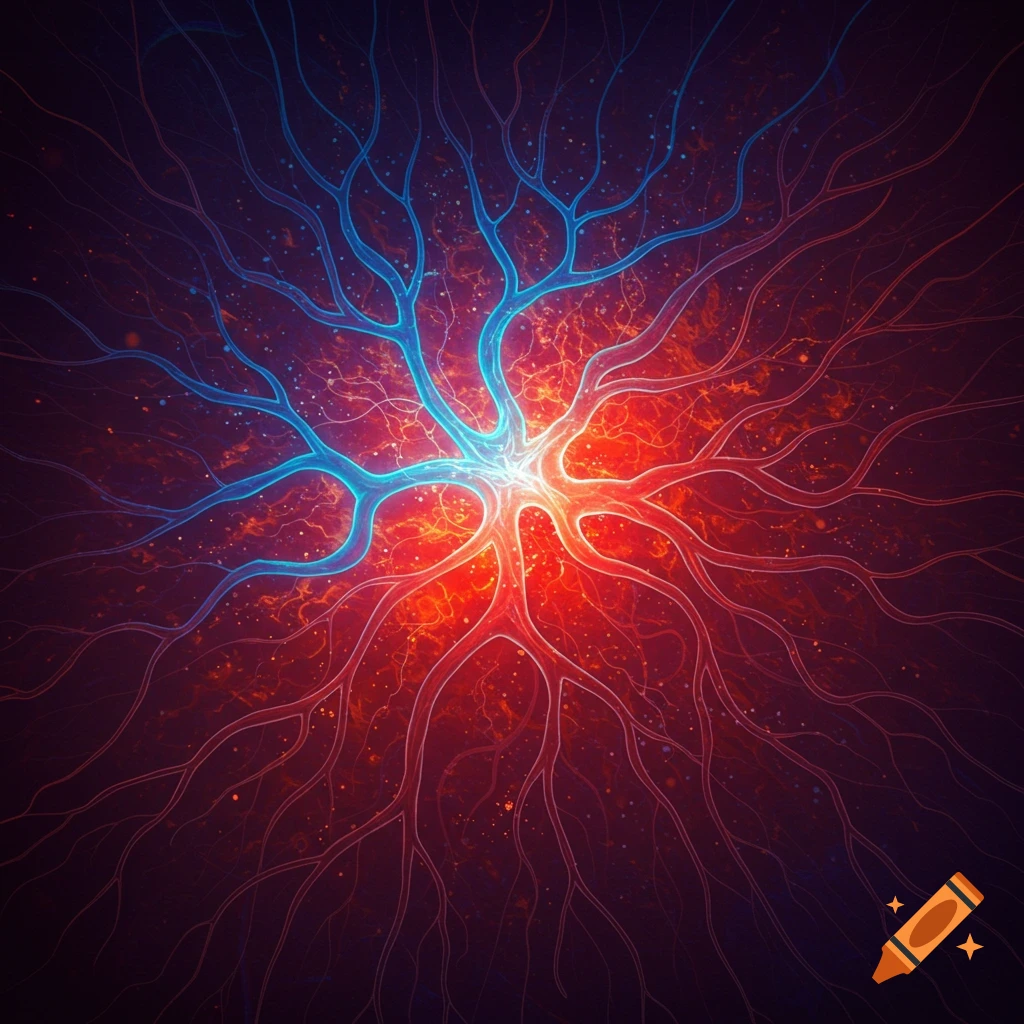 Abstract digital art of a central glowing node with branching paths in blue and red