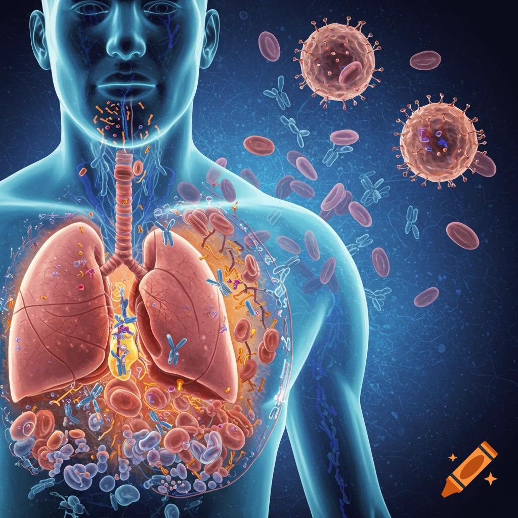 Digital illustration of human anatomy showing lungs, immune cells, antibodies, and viruses.
