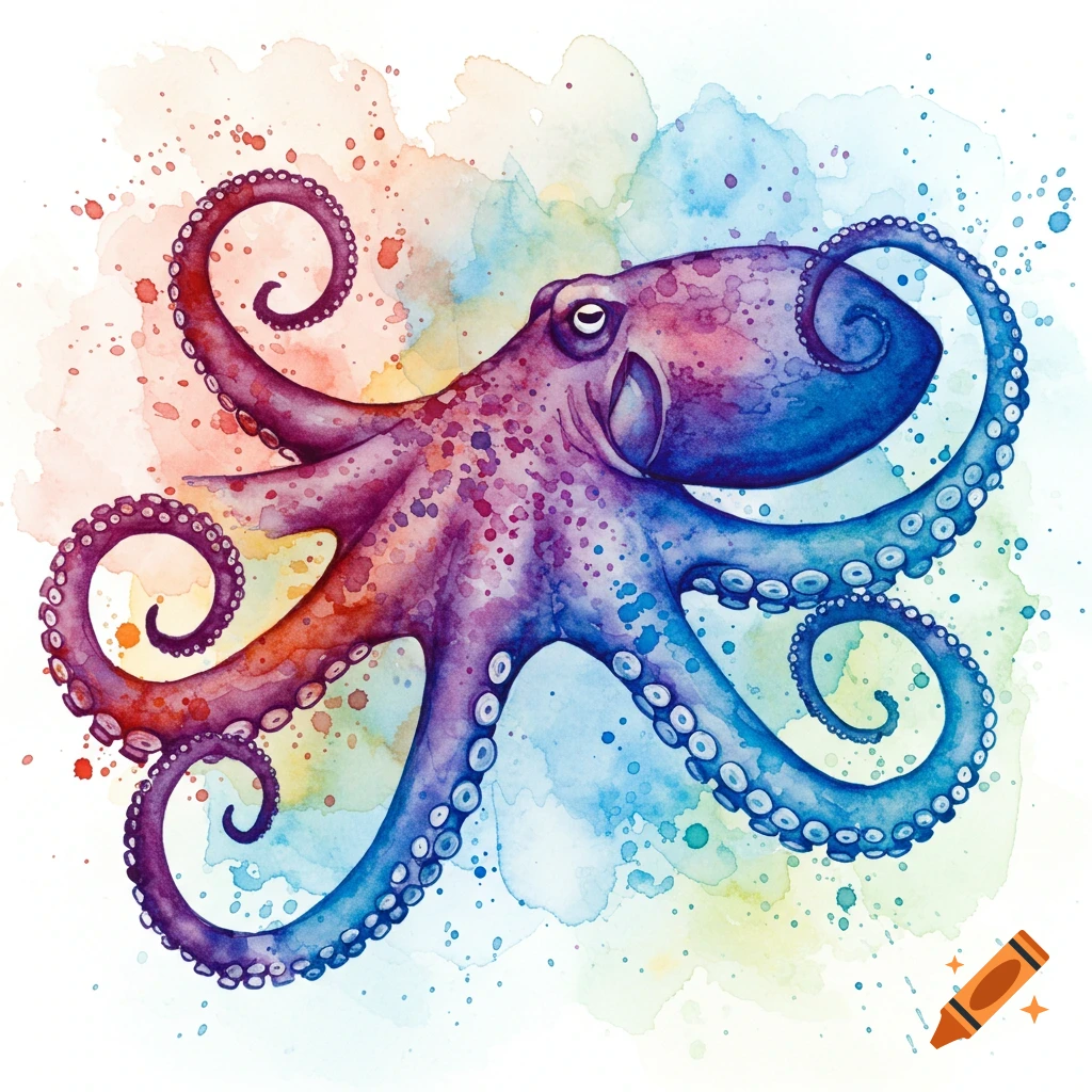 A watercolor painting of a colorful octopus with splatters.