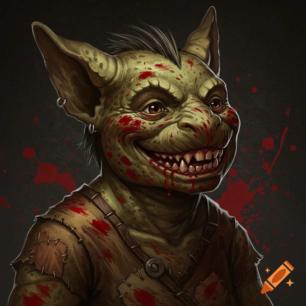 Smiling green goblin or kobold covered in blood