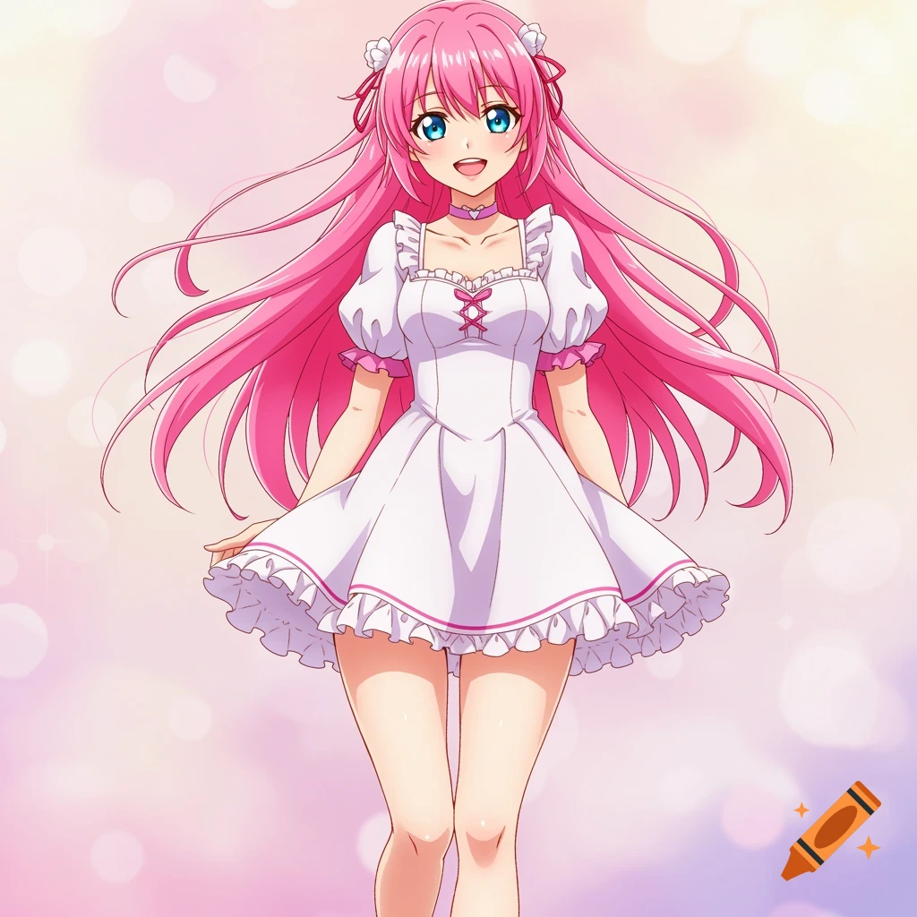 An anime girl with long pink hair and blue eyes smiles, wearing a white dress.