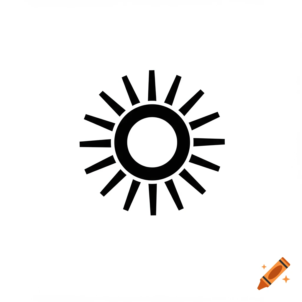 A simple black and white sun icon or logo.