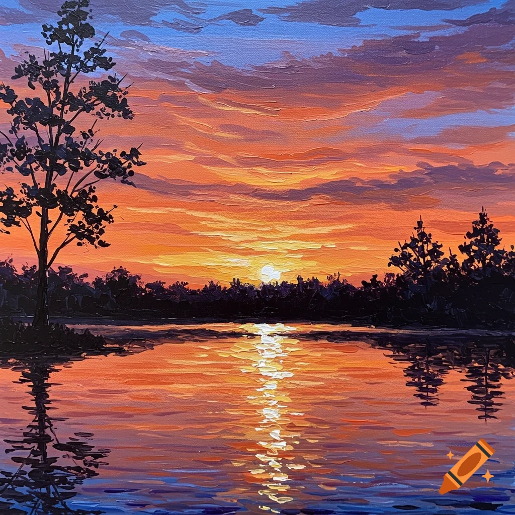 Acrylic painting of a sunset over a lake with silhouetted trees.