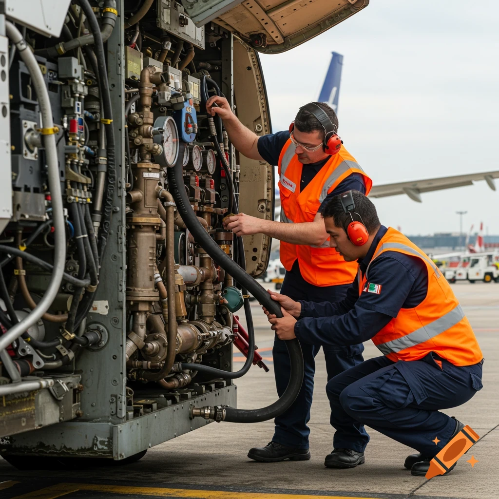 Two mechanics examine a fueling panel on an airplane on the ground in a photorealistic style.
