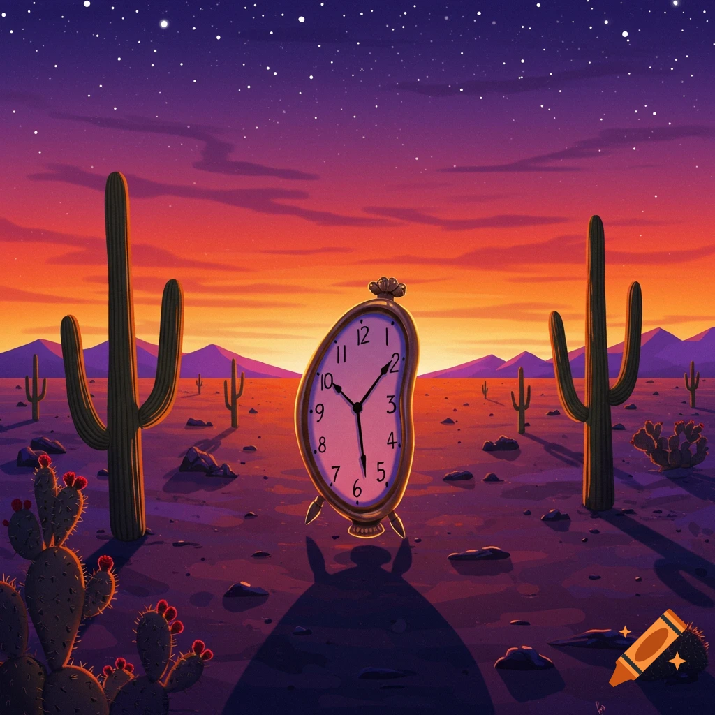 Surreal illustration of a melting clock in a desert landscape with cacti under a starry sunset sky.