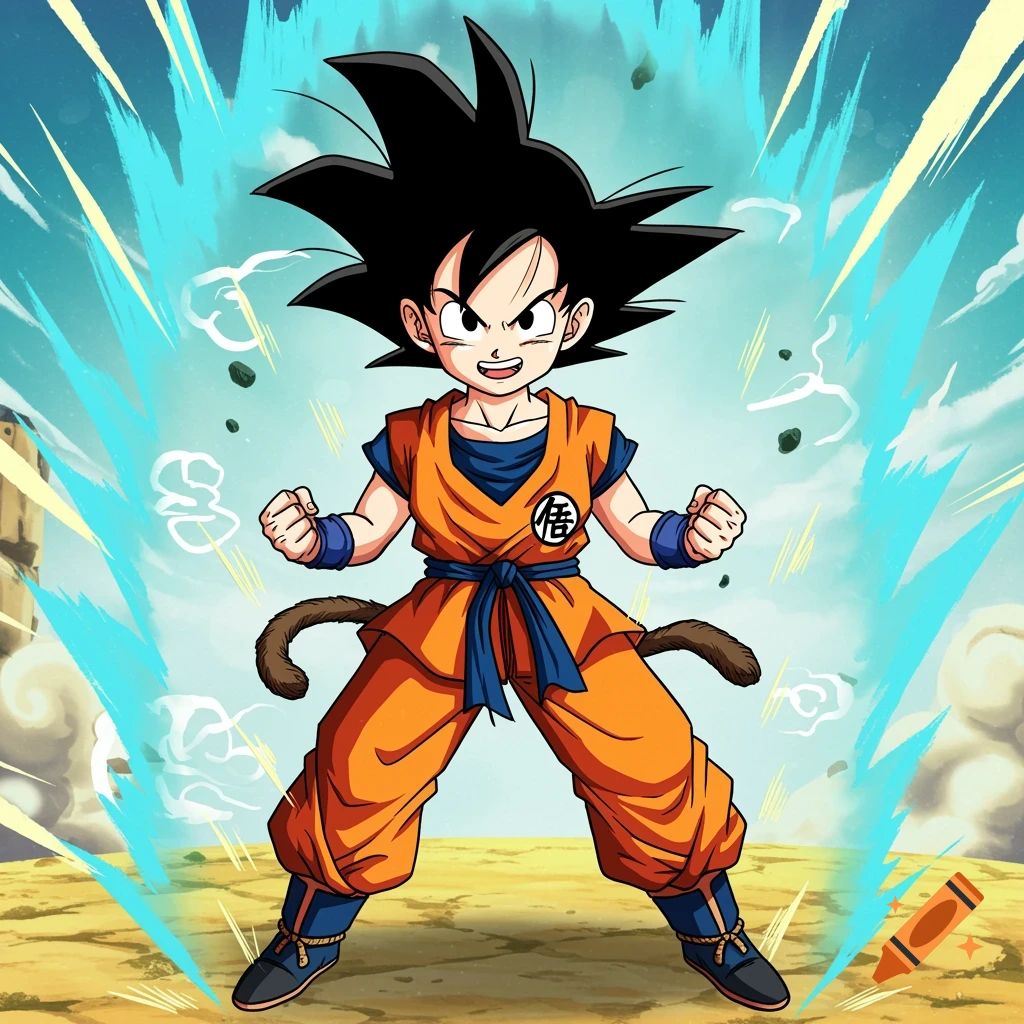 Anime illustration of a young character like Goku powering up in an orange gi in a desert-like setting.
