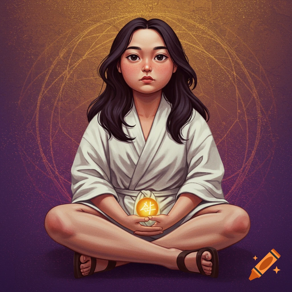 A person in a white robe is meditating and holding a glowing orb with a symbol.