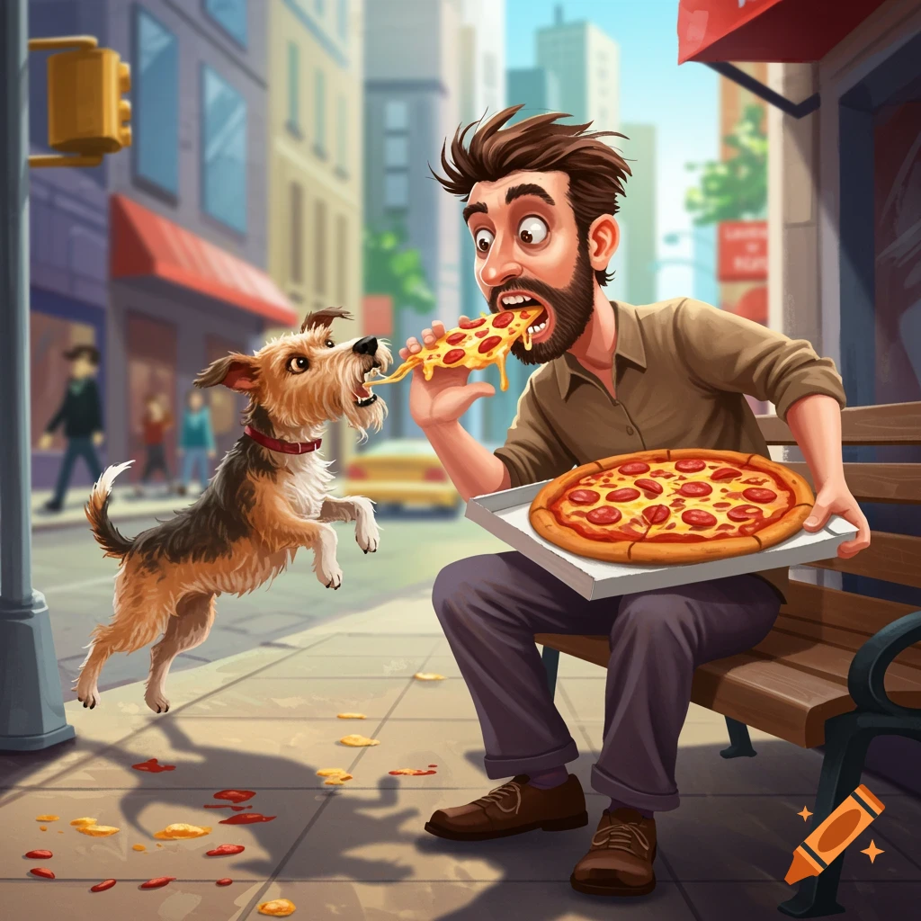 Cartoon man on bench eating pizza has slice grabbed by jumping dog on a city street.