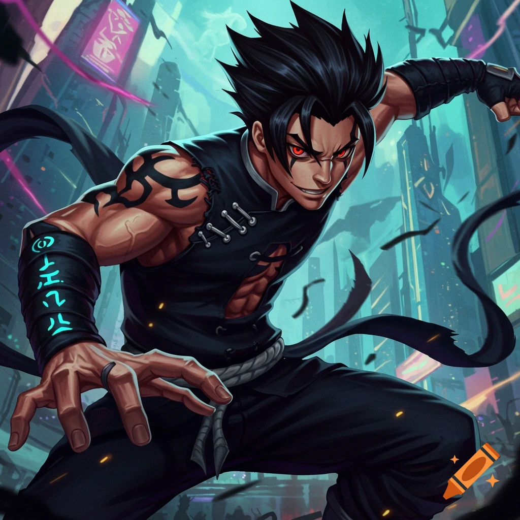 A man in a black martial arts outfit with red eyes and tribal tattoos, in a dynamic pose against a futuristic city background.